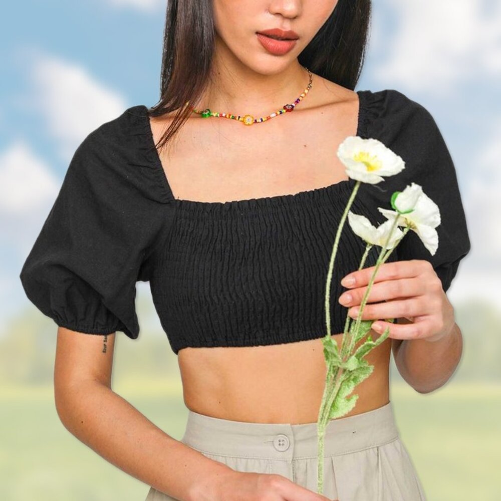 NWT Black Puff Short-Sleeve Smocked Crop Top - Womens Size XL - Wild Fable Shirt - Picture 2 of 7